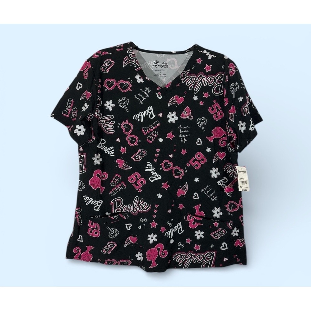 BARBIE SCRUB Nurse‎ Top for Women Shirt Black Pink LARGE 2 Pockets NEW+Tag 2025
